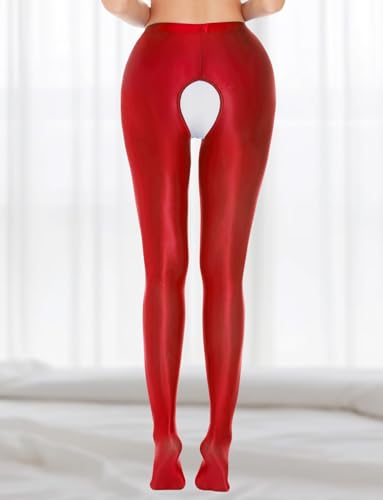 Image of FEOYA Women's Open Crotch Oil Shiny Pantyhose High Waist Control Top Silky Oily Crotchless Footed Tights Stockings