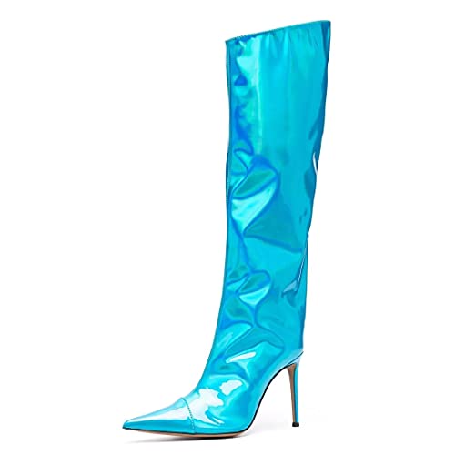 Image of Arqa Knee High Boots for Women Wide Calf 4 in Stiletto High Heel Metallic Boots Winter Chrome Zipper Long Boots Dressy Party Shoes