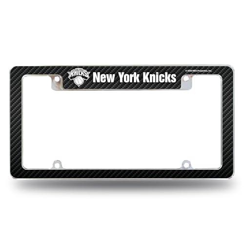 Rico Industries NBA New York Knicks Carbon Fiber 12" x 6" Chrome All Over Automotive License Plate Frame for Car/Truck/SUV