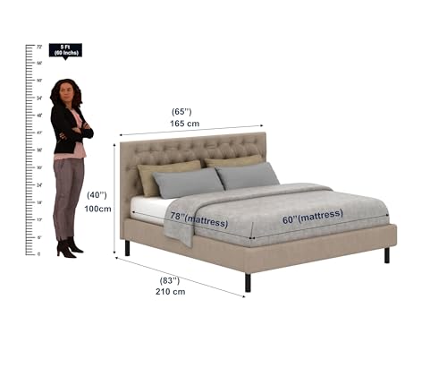 Image of Ganpati Arts Solid Sheesham Wood Fabrio Upholstered Queen Size Bed Without Storage and Tufted Headboard | Durable Wooden Double Bed Cot Palang for Bedroom, Hotels and Home Furniture (Seasame)