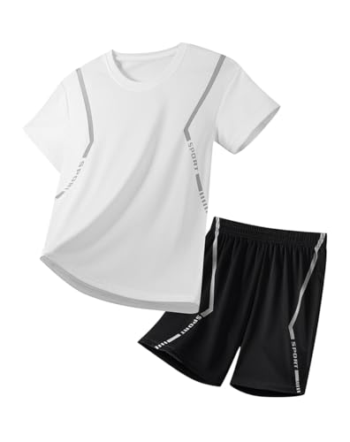 ATAVA Boys Quick Dry Athletic Short-Sleeve T- Shirt and Active Mesh Shorts Uniform Set(3521111-White140)