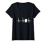Damen Zahn Zahnarzt Herzschlag EKG Puls Zahntechniker Zahnpraxis T-Shirt mit V-Ausschnitt