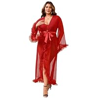 ohyeah Santa Lingerie Robe Sexy Robes for Women Red Lace Sheer Tulle Robe Long Gown Lingerie with Belt See Through Mesh Bride Lingerie XS-S
