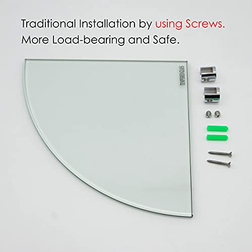 mokhome Bathroom Glass Corner Shelf, Lavatory Shower Caddy, Tempered Clear Glass Shelves, 8MM Thick Floating Wall Mount 9x9 inch Home Decor Holders,1 Shelf with Copper Bracket