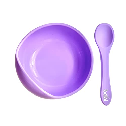 Babi® Baby Toddler Suction Bowl & Matching Spoon Set, 100% Food Grade Silicone, with Stay Put Silicone Suction (LILAC)