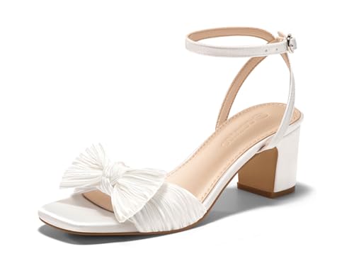 Coutgo Womens Bow Heels Sandals Block Low Heel Wedding Bride Dressy Shoes Open Toe Ankle Strap Sandals White Size 8