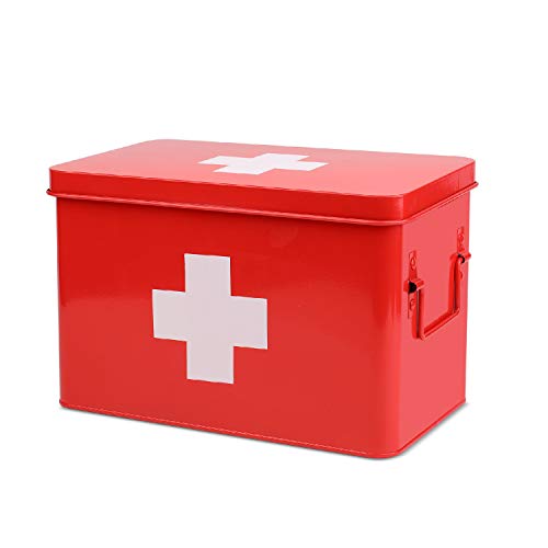 Flexzion Caja botiquín metálica para Primeros Auxilios con Asas Laterales, Bandeja Superior extraíble y Compartimentos Separados para Almacenamiento de Medicina, Receta, Herramienta y raciones (Rojo)