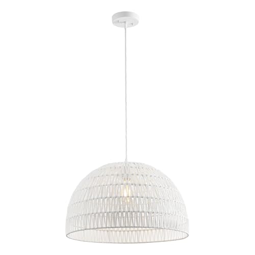 Image of JONATHAN Y 20 inch White Modern Bohemian Woven Rope LED Pendant Light Fixture, Adjustable Dome Ceiling Lamp for Kitchen Island, Rope Shade, Coastal Farmhouse Decor (JYL6504E)