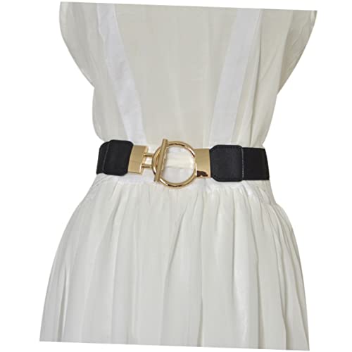 PU Wide Elastic Waist Belt for Women Stretch Waistband with Golden Round Pin Buckle Cinch Girdle for Dresses Jeans and Trousers Black2