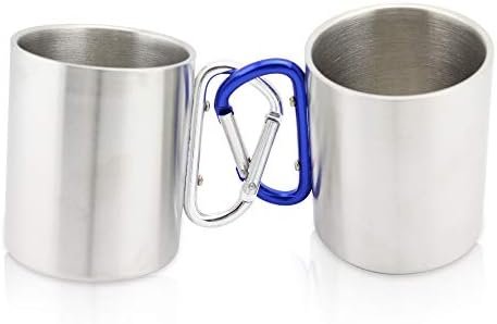 Finex 2pcs set 11oz 300ml Large Stainless Steel Portable Travel Water Tea Coffee Mug with D-Ring Carabiner Hook as Handle for Outdoor Sports Camping Hiking Climbing Home Office Adults & Kids - Large