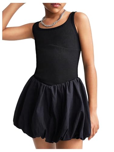 SHENHE Girl's Bubble Dress Scoop Neck Sleeveless Ribbed Knit Puffy Cute Tank Dress