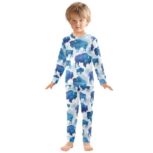 Pajama Sets Long Sleeve Blue Bison Silhouettes on White Soft Comfy Sleepwear 2 Piece PJS 3-8T2