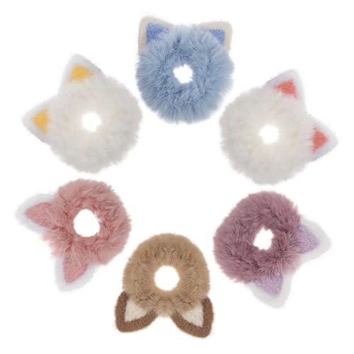 LIFKOME 6 elastici per capelli con orecchie di gatto, morbidi elastici per coda di cavallo, morbidi elastici con orecchie pelose in rosa, rosso, blu, viola, marrone, giallo