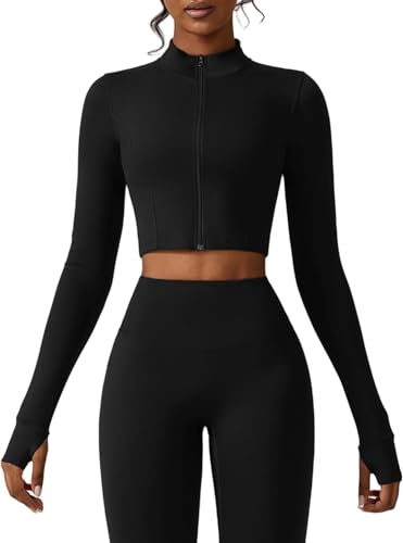 Yknktstc Womens Full Zip Athletic Jacket with Thumbhole Long Sleeve Crop Top Running Workout Yoga Sportswear Shirt