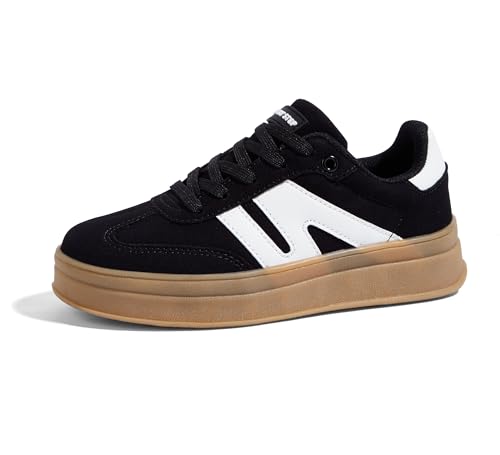 LUCKY STEP Boys Girls Platform Sneakers Fashion Casual Non Slip Walking Shoes Classic Retro Tennis Sneaker for Big Kids(1 M US Black/White)