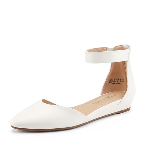 DREAM PAIRS Ballerinas Damen Flache Schuhe mit niedrigem Keilabsatz Knöchelriemen elegant Brautschuhe flach Size 44 Weiss/Pu