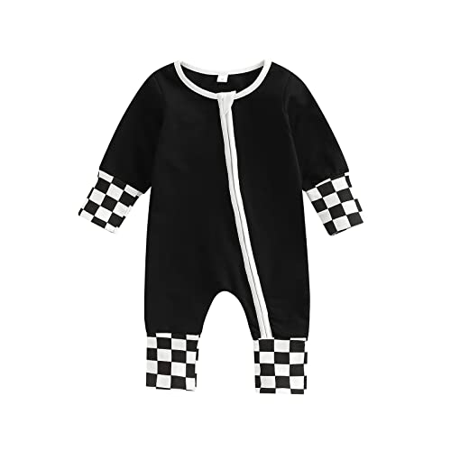 Image of Sprifallbaby Toddler Baby Zip Rompers Checkerboard Patchwork Round Neck Long Sleeve Jumpsuit for Newborn Girl Boy (Black, 0-6 Months)