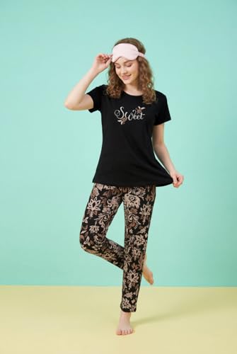 Image of Women's Pure Cotton Printed Night Suit | Sweet Graphic Top & Elephant Print Pyjama Set | Soft Round Neck Sleepwear