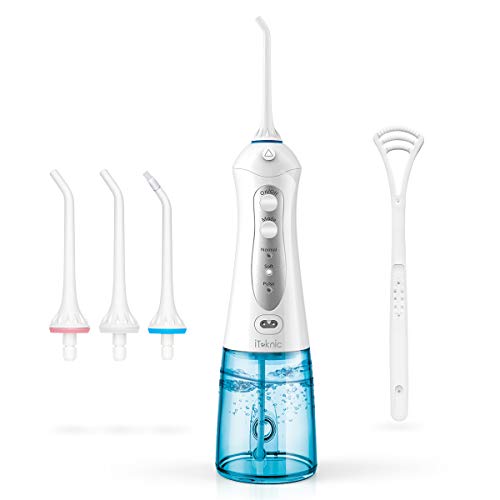 Jet Dentaire Électrique Sans Fil, iTeknic Hydropulseur Jet Dentaire de Voyage Portable Rechargeable Irrigateur Dentaire Oral Hydrojet Dentaire 4 Buses 300ML pour Soins Hygiène Dentaire Dents