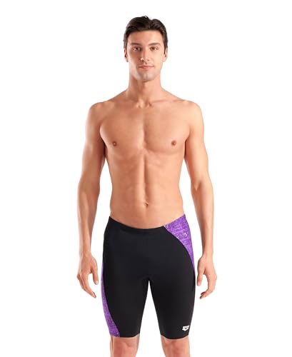 ARENA Performance Men's Ribbed Swim Jammer MaxLife Athletic Practice Knee-Length Swimsuit Short Competitive Training Bathing Suit, Black/Multi Purple, US Size 38