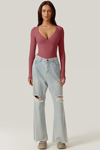 Image of QINSEN Women's Long Sleeve Bodysuit V Neck Body Suits Seamed Cup Going Out Tops Shirt