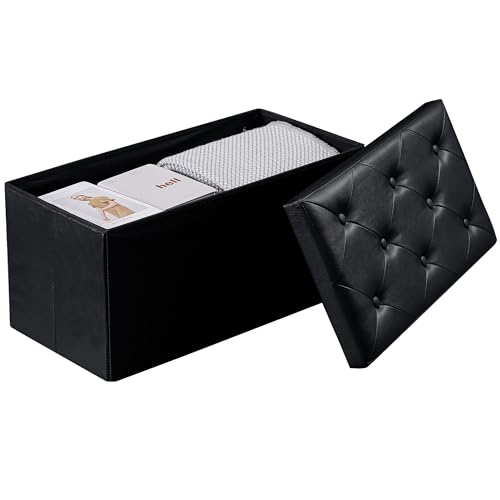 VECELO 30'' Folding Storage Ottoman Bench- Versatile Shoestool & Footstool, Bedroom Bench with Storage, Storage Chest for Living Room, Utility Room, Hallway, Holds up to 660 lb, Easy to Assemble,Black