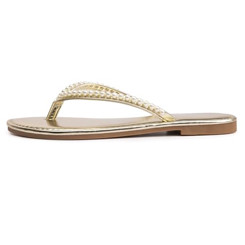 Image of LM Women's Pearls Strappy Flat Sandals Thong Sandals Flip Flop Slip On Slide Sandals for Women Dressy Summer