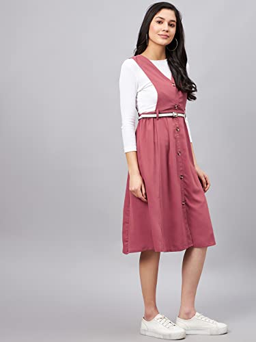 Image of WineRed Women Soild Pinafore Dress with Button