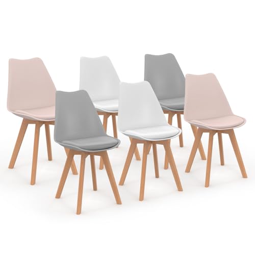 IDMarket - Lot de 6 chaises scandinaves SARA Mix Color Pastel Rose x2, Gris Clair x2 et Blanc x2