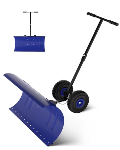 29.5 Inch Wide Snow Pusher with Wheels for Driveway, Heavy Duty Steel Blade, 5-Position Angle Adjustment & 60° Tilt Handle, Push Snow Shovel with Ground Protection, Ergonomic Design for Effortless Sno