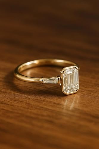 2 CT Emerald Cut Moissanite Engagement Ring – Three Stone Half Bezel Set Ring with Tapered Baguette Side Stones – Gold Anniversary or Wedding Ring for Her4