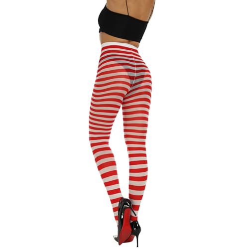 Image of MANZI Striped Tights for Women Footed Stretchy Opaque Pantyhose for Halloween Xmas 2 Pairs