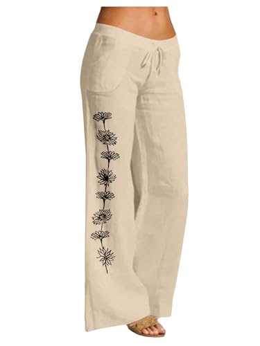 MakeMeChic Women's Floral Straight Leg Linen Pants Drawstring Waist Low Rise Y2K Boho Trousers