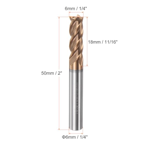 Image of HARFINGTON Micro Grain Carbide Square End Mill 1 /4 inch x 11 /16 inch (6mm x 18mm) Cut 1 /4 inch (6mm) Shank 2 inch (50mm) Length AlTiN Coated 4 Flutes Square Nose Cutter for Alloy Steel Hardened Steel
