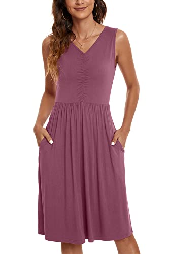Image of NILOUFO Sleeveless Dress for Women Summer Knee Length Sundress with Pockets | Sundresses for Women Tank Empire Waist Sun Dress Cold Shoulder Casual V Neck Midi Dress Flowy Summer Dresses for Women