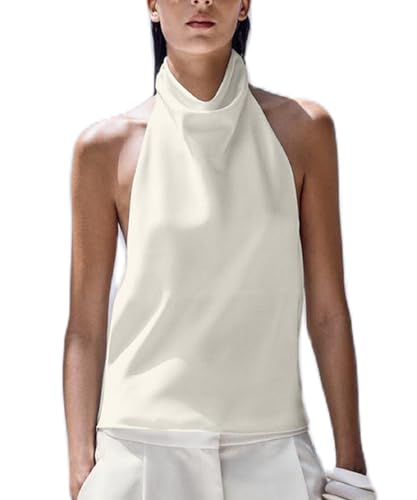 Women Halter Backless Tank Tops Cute High Mock Neck Cami