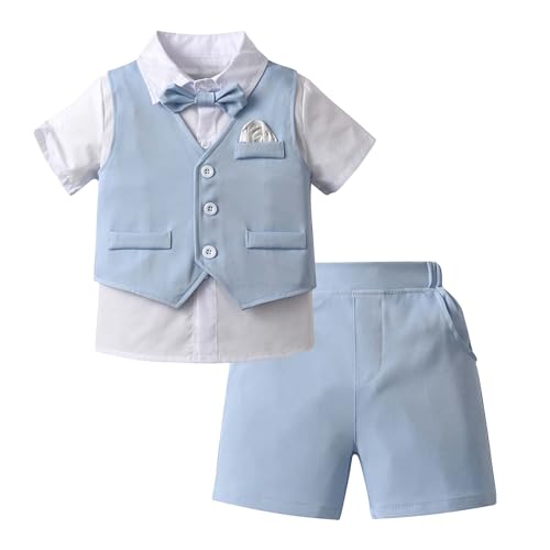 Image of Boarnseorl Baby Boys Shorts Sets, Infant Shirt+Shorts+Bow Tie+Vest,Toddler Gentleman Outfits Suits