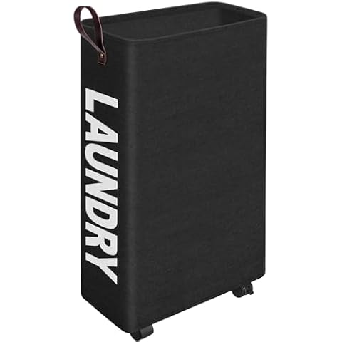 EpicTotes 28-Inches Rolling Slim Laundry Basket on Wheels, Collapsible & Waterproof Laundry Hamper, Freestanding Narrow Corner Clothes Bins with Easy Carry Handles for Clothes at Home,Black Cover