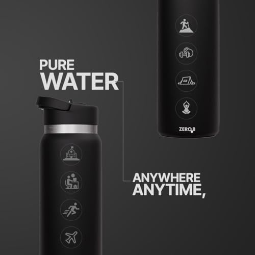 Image of ZeroB H2Ohh Portable Water Filter Metal Bottle - 600ml | Removes 99.9% Bacteria & Viruses | Durable SS 304 Material | Instant Purification | Eco-Friendly Travel & Fitness Bottle (BLACK)