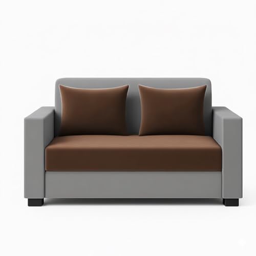 Image of FURNY Lexon 5 Seater Fabric 3+2 Sofa Set (Brown-Light Grey) Premium Velvet Finish | Durable & Comfortable | Ideal for Living Room