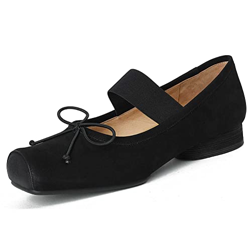 Womens Nubuck Leather Ballet Flats, Retro Square Toe with Wide Elastic Crisscross Band Low Thin Heel Shoes for Everyday Wear