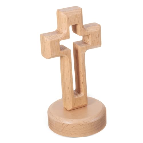 MUCKLILY 1Set Cross Shaped Decoration Solid Wood Cross Ornament with Base Compact Wooden Craft for Home Office Decorative Religious Accent for Desktop Safe and Stylish Design