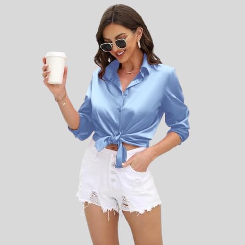 Image of IndoPrimo Women's Satin Shirt with Spread Collar Neck Line Solid Pattern Full Sleeves Regular Fit Western Style and Standard Length