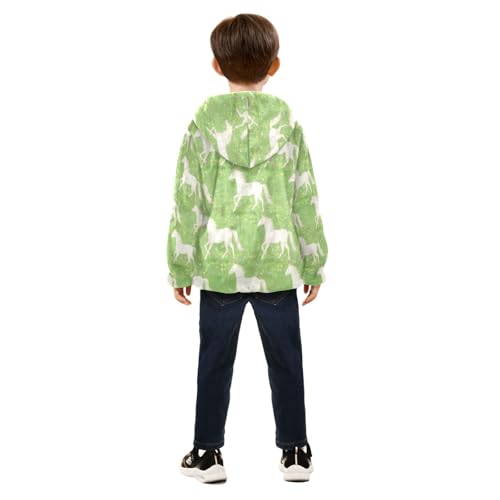 White Horses on Green Background Toddler Fleece Jacket Girl Boys Hooded Fleece Jacket Coat Warm Outwear Zip-up 3-10T4