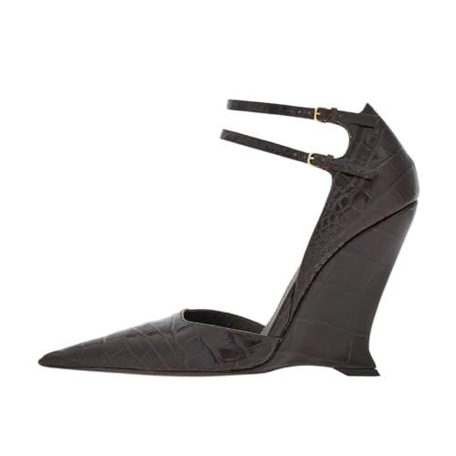 Image of Goolita Pointed Closed Toe Wedge Heels For Women, Sexy Patent Leather Buckle Strap Office Dress Pumps Shoes