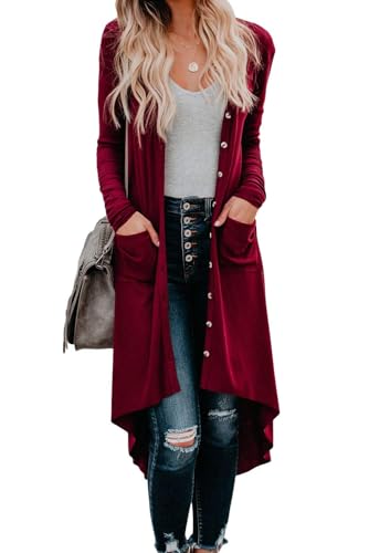 Image of Alaster Queen Women's Open Front Cardigan Button Down High Low Hem Knitted Cardigan Outwear with Pockets