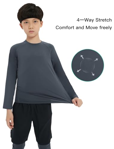 EXARUS 4 Pack Boys Compression Shirts Youth Long Sleeve Sports Base Layer Moisture Wicking Undershirts for Football 6-12Y3