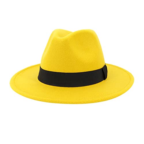 ZHINIAN Chapeau fedora en feutre synthétique pour homme et femme - Chapeau panama d'été à large bord avec boucle de ceinture - Vintage - Unisexe - Tendance, jaune, taille unique Cover