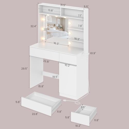 Image of Vanity Desk with Mirror, White, for Small Spaces and Bedrooms