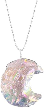ZEMBIENCE Raw Angle Aura Quartz Gemstone Moon Pendant Necklace, Rough Gemstones, Healing Crystals, Silver Plated Chain, April Birthstone, Women Jewelry, Statement, Handmade, Christmas Gift, 18"